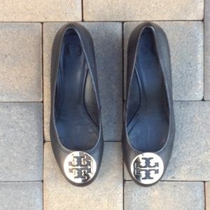 Black leather Tory Burch wedged heel